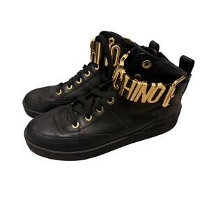 Moschino Black Leather High Top Boots Gold Logo Chain Lace Up Sneakers